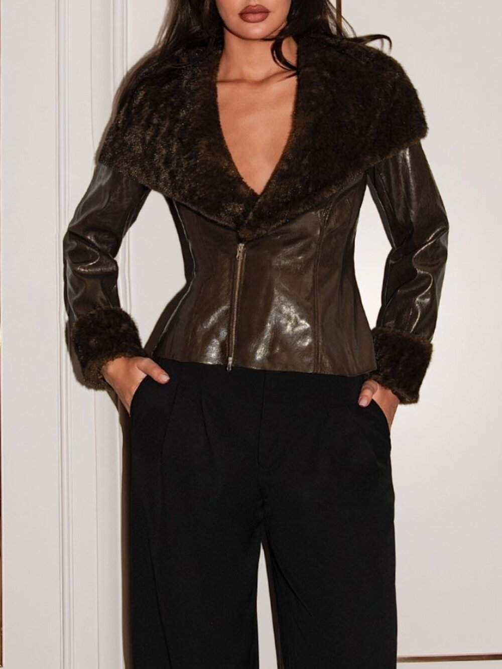 Brown Party Women's Faux Leather Jacket